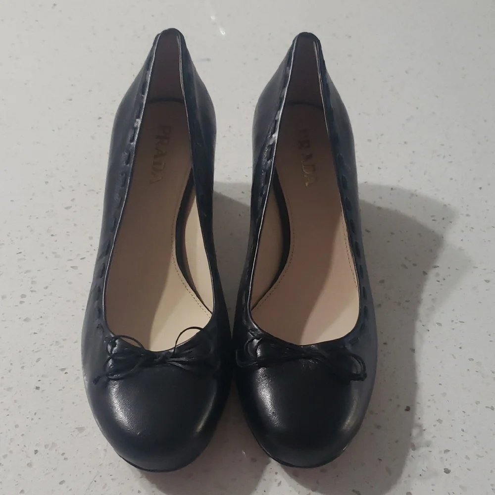 Prada Black Leather Flats with Bow Detail - Picture 1 of 4